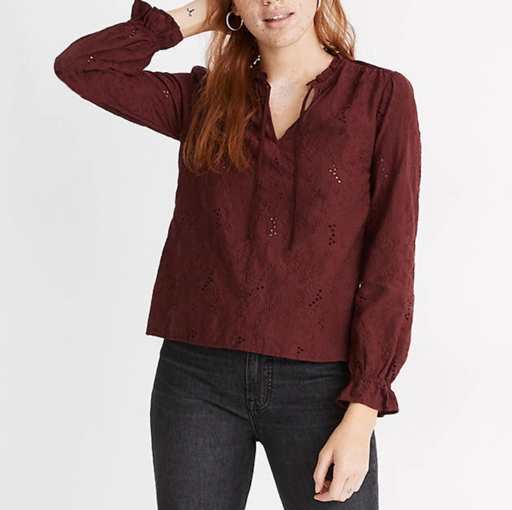 Embroidered Ruffled Popover Top